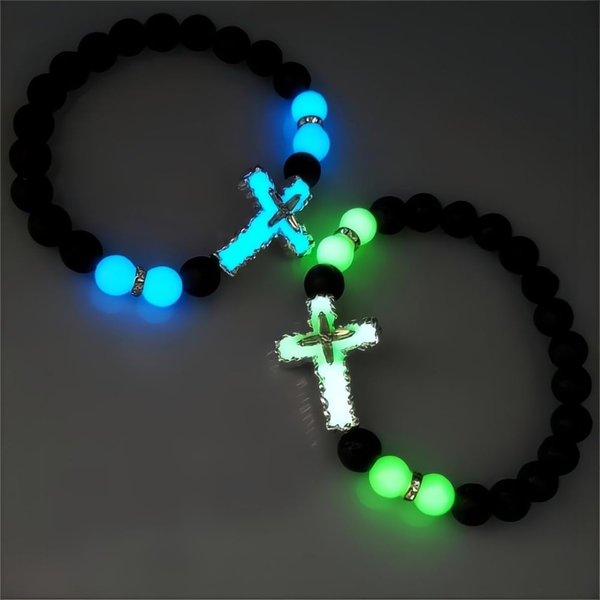 8mm Natural Volcanic Stone Bracelets for Men,Luminous Cross Bracelets,Healing Crystal Elastic Stretch Beads Bracelet,Religion Holy Communion Bracelet for Women