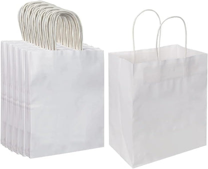 Oikss 100 Pack 8x4.75x10 Inch Medium Brown Kraft Paper Bags with Handles Bulk for Wedding Birthday Party Favors Grocery Retail Shopping Business Goody Craft Gift Bags Sacks (Plain Natural 100 Count)