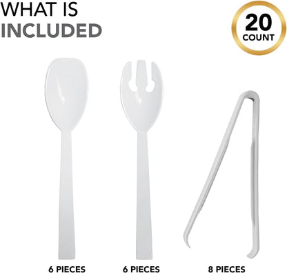 Party Essentials Plastic Party Buffet Serving Utensils Kit, Spoons/Forks/Tongs, 20-Piece, Clear