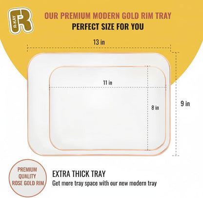 3 Pack Plastic Serving Trays for Party - Gold Serving Tray 8 x 11 Inch - Heavy Duty Dessert Trays for Food - Rectangular Party Serving Trays for Entertaining - Clear Cookie Platters