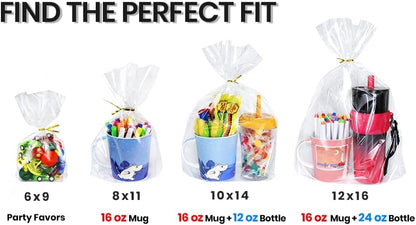 PigPotParty Cellophane Treat Bags 6x9 Inch, 50 Pack Clear Goodie Bags with Bottom Gusset for Stand-Up Display, Small Plastic Gift Wrap for Cookies, Candy, Party Favors, Popcorn, Includes 50 Gold Ties