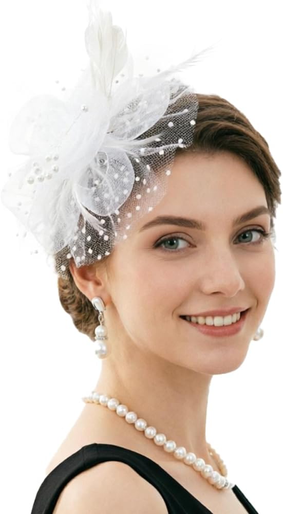DRESHOW Fascinators Hat Flower Mesh Ribbons Feathers on a Headband and a Clip Tea Party Headwear for Girls and Women - Colors A