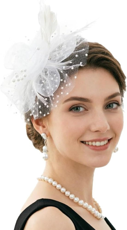 DRESHOW Fascinators Hat Flower Mesh Ribbons Feathers on a Headband and a Clip Tea Party Headwear for Girls and Women - Colors A