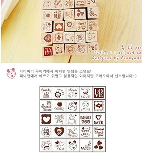 Pack of 25 Pcs Small Green Happy Life Shape Wooden Rubber Stamps with Box for DIY Craft Card and Photo Album (Green)