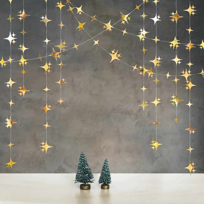 Glitter Gold Four-Angle Star Paper Garland Banner Décor 40 Feet Gold Twinkle Star Hanging Bunting Banner Backdrop for Wedding Baby Shower Birthday Graduation Disco Party Decorations