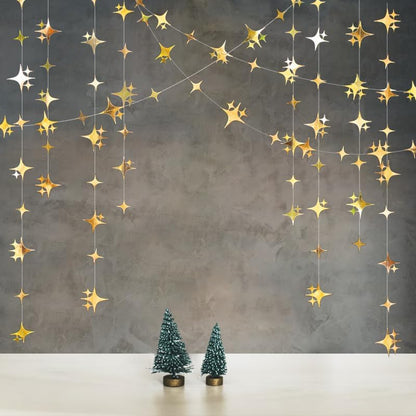 Glitter Gold Four-Angle Star Paper Garland Banner Décor 40 Feet Gold Twinkle Star Hanging Bunting Banner Backdrop for Wedding Baby Shower Birthday Graduation Disco Party Decorations