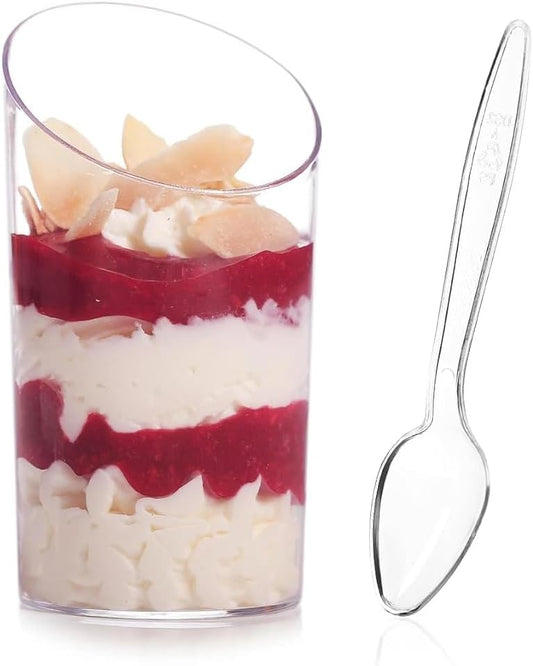 50 Pack Mini Slanted Dessert Cups with Spoons - 2.2 oz Plastic Parfait Cups Reusable Shooter Glasses Small Serving Cups for Tasting Party Desserts Appetizer