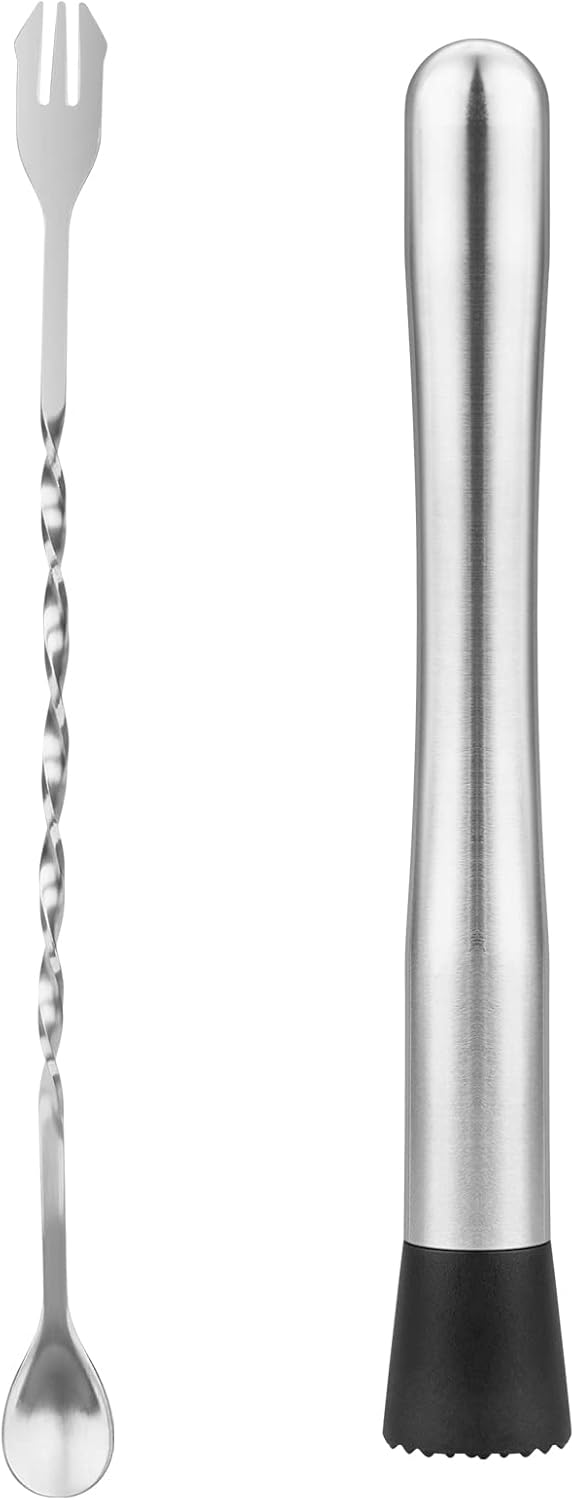 tifanso Muddler for Cocktails, 10" Muddler and Long Handle Bar Cocktail Mixing Spoon, Stainless Steel Stirrer, Bar Accessories Tools for Mojitos Fruit Drinks