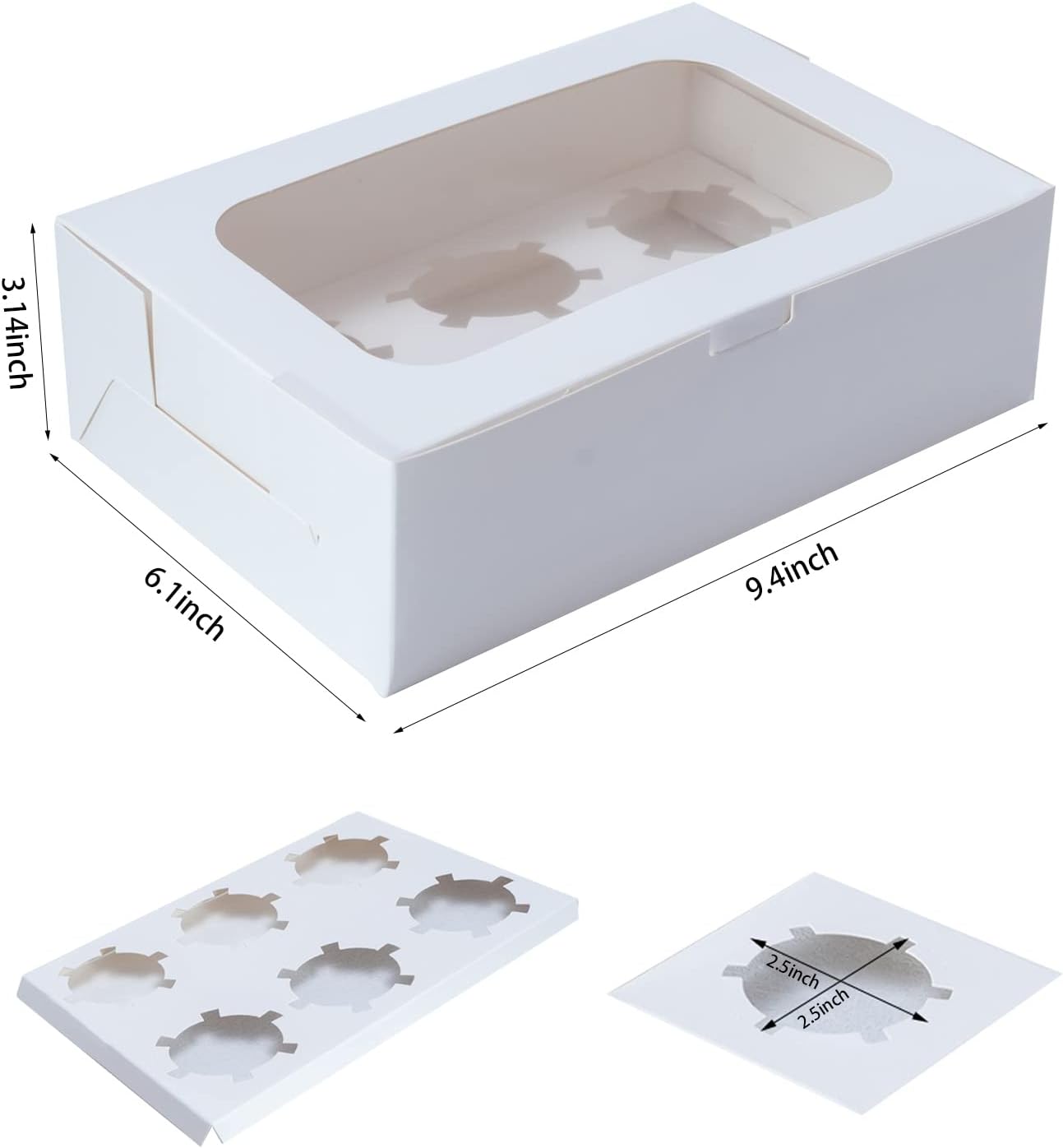 Yeplan 50 Packs Cupcake Boxes,9.4x6.1x3.14 Inches 6 Count Cupcake Box,White Cupcake Containers with Clear Window and Six Treat Holder,Pastry and Cookie Boxes,Bakery Boxes