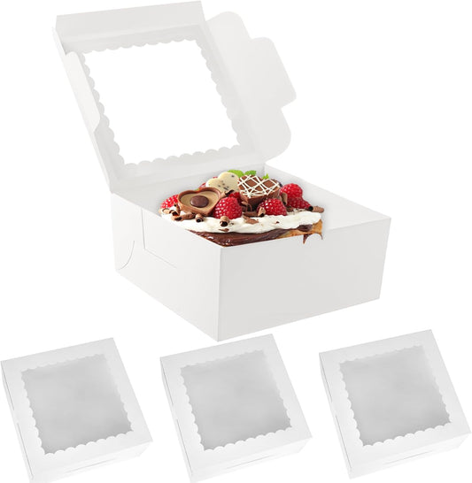 Rindion 3pcs 10x10x4.5 Inches Cake Boxs, Disposable Bakery Boxes with Window, White Square Bakery Boxes for Cakes, Donuts, Cookies, Chocolate, Pies, Wedding, Birthday, Party