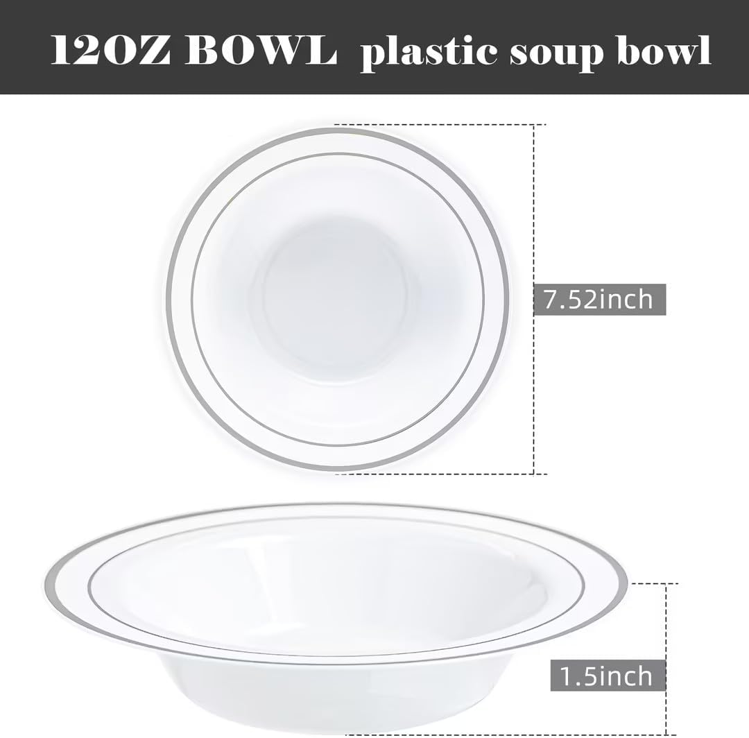 100 PCS Plastic Bowls with Gold Rim, 12oz Premium Heavy Duty Soup Bowls, Dessert and Salad Bowls for Party, Wedding and Holiday