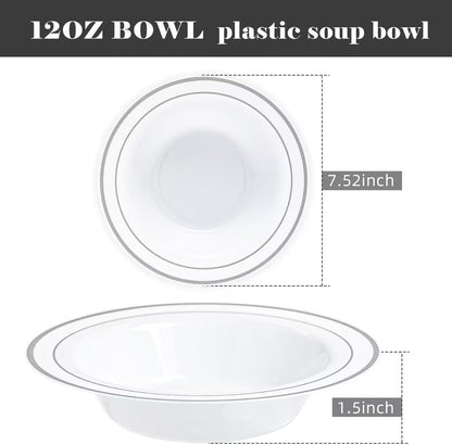 100 PCS Plastic Bowls with Gold Rim, 12oz Premium Heavy Duty Soup Bowls, Dessert and Salad Bowls for Party, Wedding and Holiday
