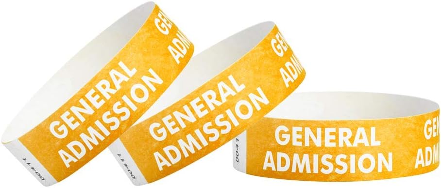 500 WristCo Gold General Admission Tyvek Wristbands for Events - ¾” x 10” - Waterproof Recyclable Comfortable Tear Resistant Paper Bracelets Wrist Bands for Concerts Festivals Admission Party