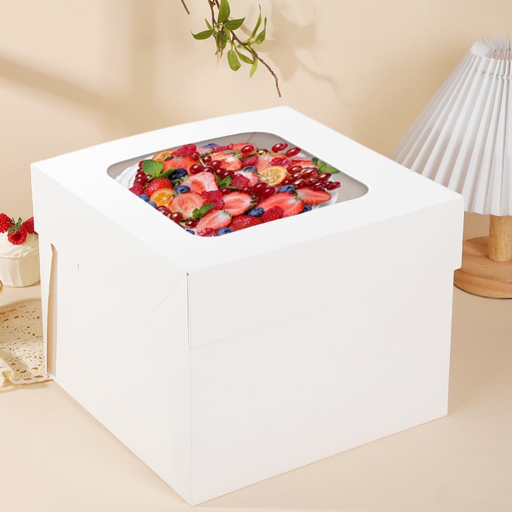 2 Pack Cake Boxes with Ribbons 12x12x12 inch Tall Large White Bakery Square Cake Boxes with Window for Weddings Birthdays Decorating
