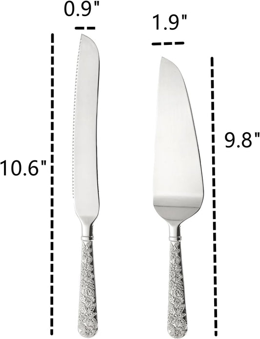 Dicunoy 2 PCS Wedding Cake Knife and Server Set, Silver Cake Cutting Set, Vintage Engraved Cake Cutter and Elegant Serving Spatula for Birthday, Party, Anniversary