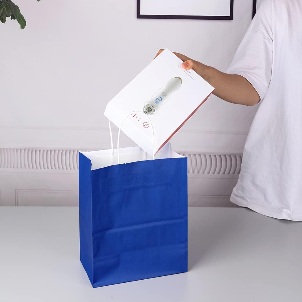 Oikss 100 Pack 8x4.75x10 Inch Medium Brown Kraft Paper Bags with Handles Bulk for Wedding Birthday Party Favors Grocery Retail Shopping Business Goody Craft Gift Bags Sacks (Plain Natural 100 Count)