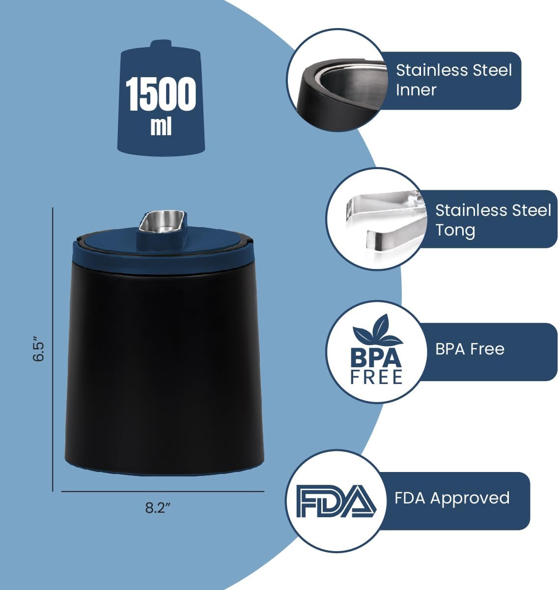 PINNACLE Insulated ice bucket for parties with Tong that fit into Lid - Stainless Steel ice bucket for cocktail bar with Collapsible Handles for indoor/outdoor bar, BPA Free (blue)