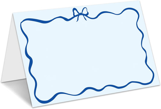 Blue Bow Place Cards for Table Setting, Tent Cards Decor For Bridal Shower Baby Shower Party Reception Decorations, Wedding Placecards， 25 Pack Birthday Food Name Card, 2 x 3.5" /011