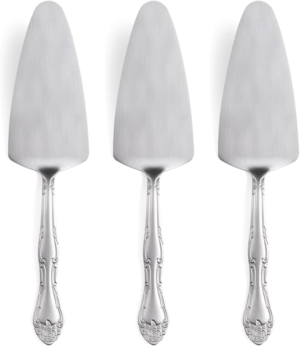 3-Piece Cake Server Set - 9.3-Inch Matte Black 430 Stainless Steel with Rose Handle Design - for Cake, Pie, Pizza, and Dessert Serving - Dishwasher Safe Pastry Server Set