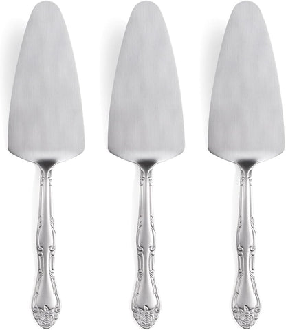 3-Piece Cake Server Set - 9.3-Inch Matte Black 430 Stainless Steel with Rose Handle Design - for Cake, Pie, Pizza, and Dessert Serving - Dishwasher Safe Pastry Server Set