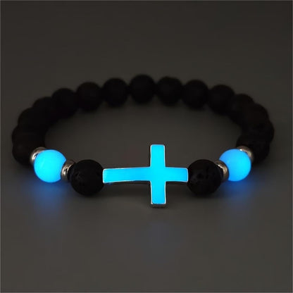 8mm Natural Volcanic Stone Bracelets for Men,Luminous Cross Bracelets,Healing Crystal Elastic Stretch Beads Bracelet,Religion Holy Communion Bracelet for Women