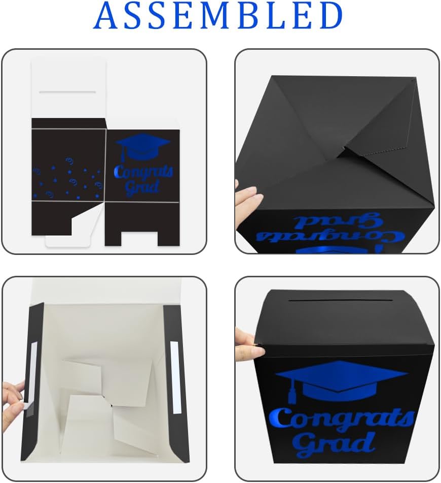Graduation Card Box Holder, Congrats Grad Foldable Cardboard Decorations Box for Graduation Party Decoration and Grad Parties (Black)