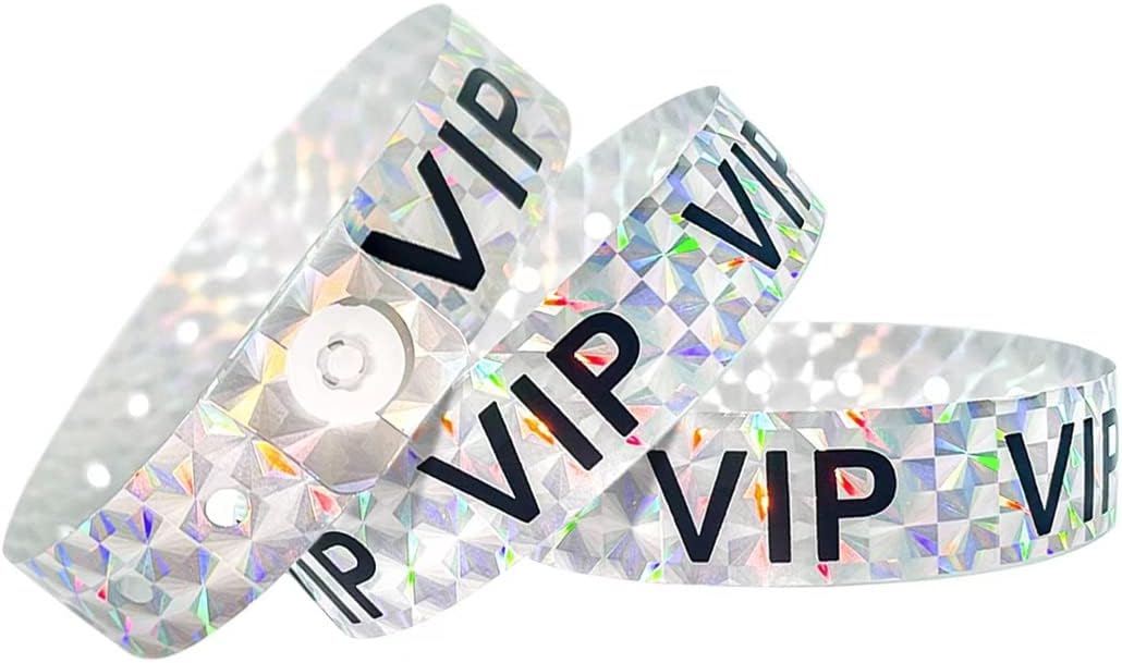Ouchan Holographic VIP Plastic Wristbands Silver - 100 Pack Vinyl Wristbands for Events Parties
