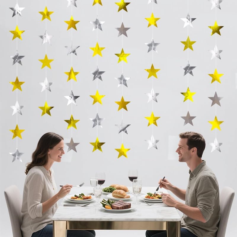 Iridescent Shining Star Hanging Garland Iridescent Hanging Sparkling Star Streamer Glitter Bunting Banner Twinkle Backdrop for Wedding Baby Shower Birthday Christmas Decorations 40 Feet