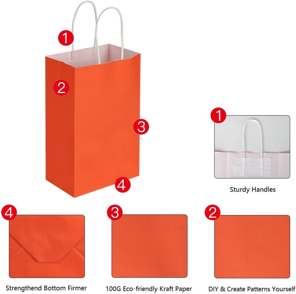 Oikss 100 Pack 5.25x3.25x8.25 Inch Small White Kraft Paper Bags with Handles Bulk for Birthday Wedding Party Favors Grocery Retail Shopping Business Goody Craft Gift Bags Cub Sacks (100pcs Count)