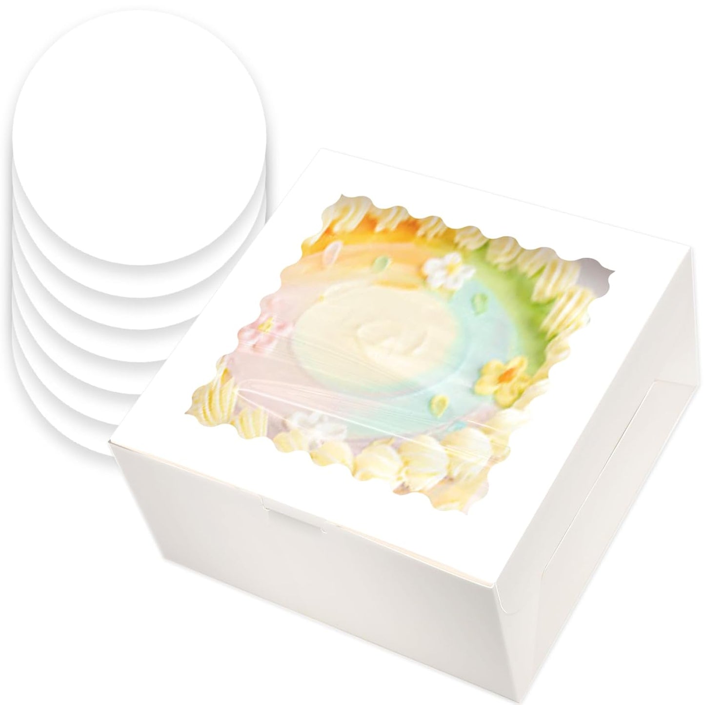qiqee White 6x6x5 Cake Box, 4 Sets White Cake Box with Window ＆ 4 Sets 6" White Cake Round Boards, 6inch Cake Containers