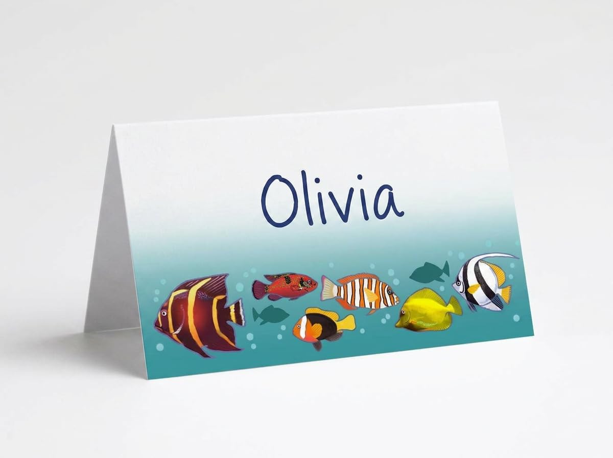 Stonehouse Collection | Tropical Fish Party Name Cards | Oceanside Table Tent Cards | Beach Name Cards | 25 Count (Tropical Fish)