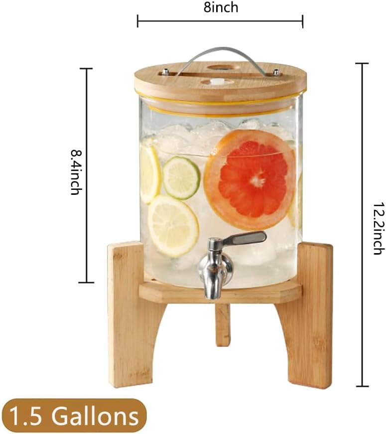 Beverage Dispenser, 1.5 Gallon Glass Drink Dispenser with Stand, Glass water dispenser with Spigot, Large Drink Dispensers for Parties,Bars,Restaurants, 5L