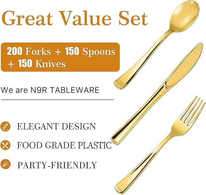 N9R 300PCS Gold Plastic Silverware, Heavy Duty Gold Plastic Cutlery Set Disposable Flatware Dinnerware, 100 Forks, 100 Spoons, 100 Knives, Perfect for Party, Wedding and Daily Use