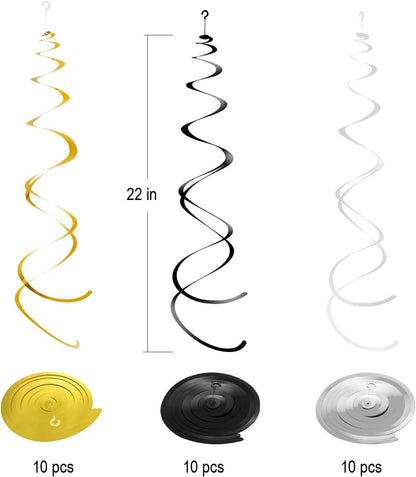 Hanging Swirls Party Streamer Spiral Decorations for Ceiling (30pcs, Black, White, Gold)