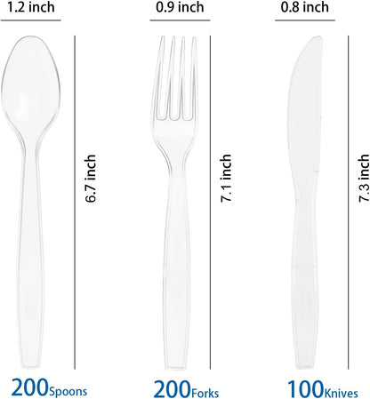 MOACOCK 500 Count Extra Heavy Duty Plastic Silverware, 200 Forks, 200 Spoons, 100 Knives, Disposable Plastic Cutlery Set for Parties, Picnics, Big Event, Daily Use