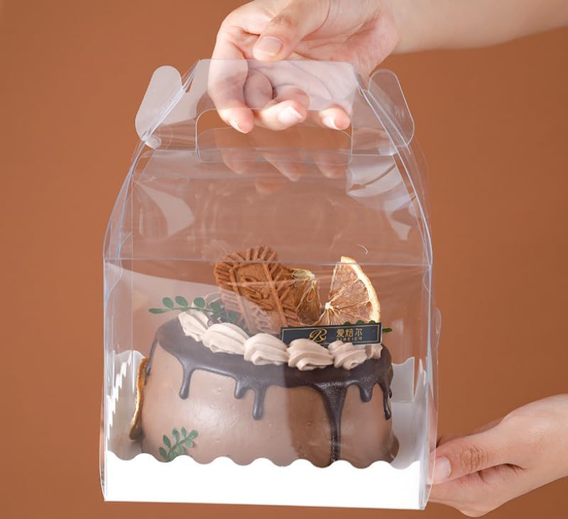10Pcs Clear Cake Boxes with 10 Stickers and 1 Roll Ribbon,5.5X5.5 Inch Transparent Bakery Boxes Mini Cake Boxes Plastic Cupcake Candy Display Boxes for Home Wedding Birthday Party Baby Shower Favors