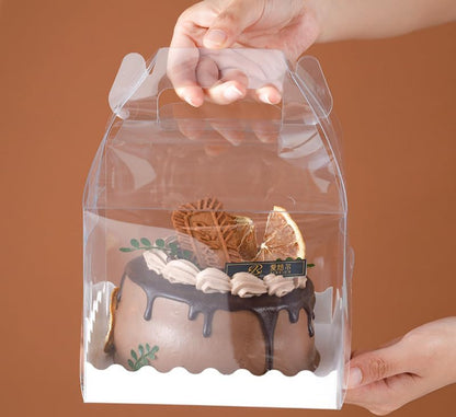 10Pcs Clear Cake Boxes with 10 Stickers and 1 Roll Ribbon,5.5X5.5 Inch Transparent Bakery Boxes Mini Cake Boxes Plastic Cupcake Candy Display Boxes for Home Wedding Birthday Party Baby Shower Favors