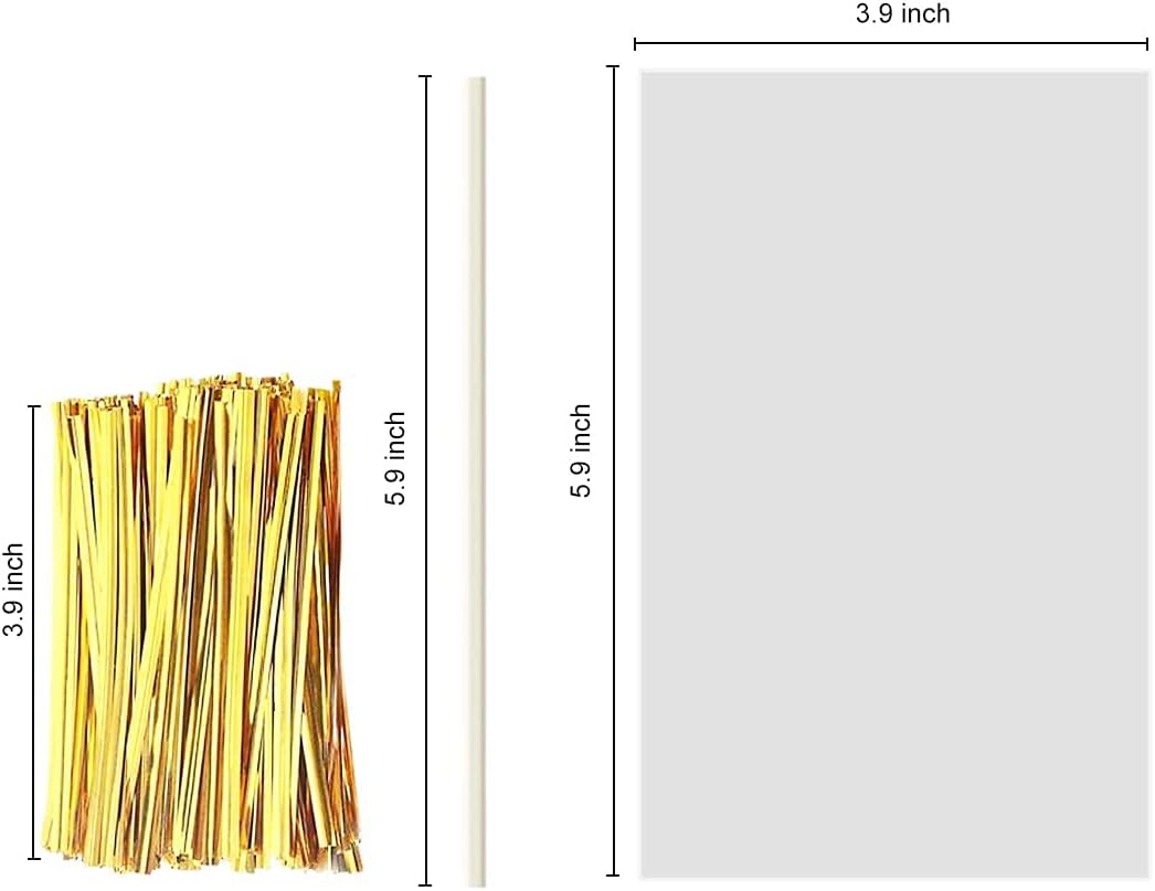 360 PCS Cake Pop Sticks and Wrappers Ties Kit, Including 120ct 6-inch Paper Lollipop Sticks, 120ct Cake Pop Parcel Bags, 100ct Silver Twist Ties for Candy Making Packaging Supplies