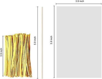 360 PCS Cake Pop Sticks and Wrappers Ties Kit, Including 120ct 6-inch Paper Lollipop Sticks, 120ct Cake Pop Parcel Bags, 100ct Silver Twist Ties for Candy Making Packaging Supplies