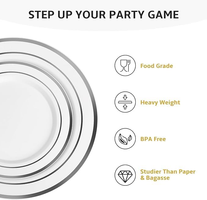AOZITA 200 PCS White Plastic Plates, Premium Heavy Duty Disposable Plates for Party, 100 Dinner Plates & 100 Salad Dessert Plates, Sturdy Hard Plastic Dinnerware for Wedding, Events