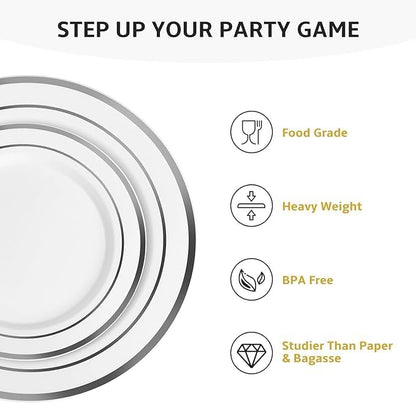 AOZITA 200 PCS White Plastic Plates, Premium Heavy Duty Disposable Plates for Party, 100 Dinner Plates & 100 Salad Dessert Plates, Sturdy Hard Plastic Dinnerware for Wedding, Events