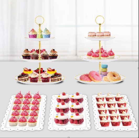 PinCute 5 Pcs Dessert Table Display Set - 2 X Cupcake Stand Holder/Cup Cake Tier Tower & 3 X Serving Tray Combo for Tea Party, Birthday, Baby Shower (Wave Square)