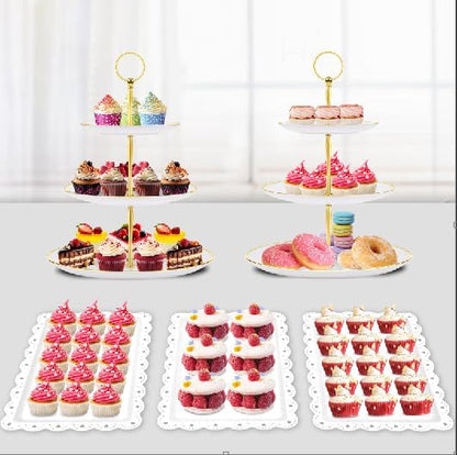 PinCute 5 Pcs Dessert Table Display Set - 2 X Cupcake Stand Holder/Cup Cake Tier Tower & 3 X Serving Tray Combo for Tea Party, Birthday, Baby Shower (Wave Square)