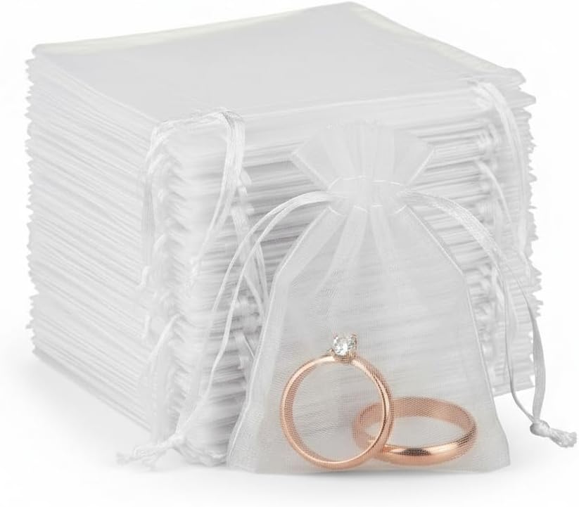 Sukh 100pcs Organza Bags 5''x7'' - White Sheer Mesh Drawstring Bags for Jewelry, Soap, Fruits, Candy, Small Gift Bags for Weddings, Valentine's Day, Mother's Day, Halloween, Thanksgiving, Christmas