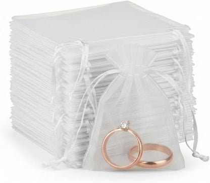 Sukh 100pcs Organza Bags 5''x7'' - White Sheer Mesh Drawstring Bags for Jewelry, Soap, Fruits, Candy, Small Gift Bags for Weddings, Valentine's Day, Mother's Day, Halloween, Thanksgiving, Christmas