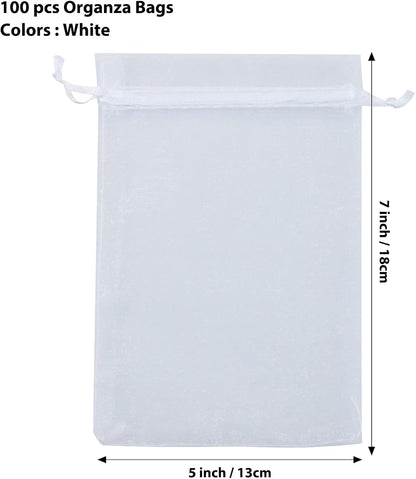 ANZNKU 50 Pack Organza Bags 5 x 7 in White Small Mesh Gift Bags Bulk Drawstring for Wedding Party Favors, Little Goodie Bag for Candy Jewelry Soap Makeup, Treat Sachet Pouch for Mothers Gifts Wrap