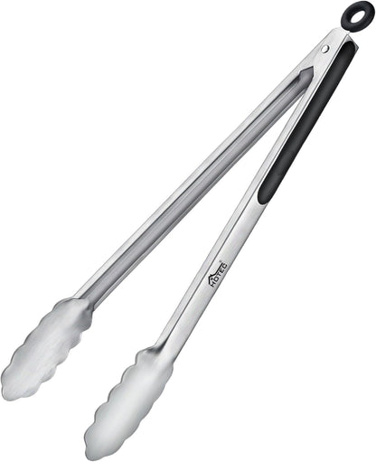 Hotec Stainless Steel Kitchen Tongs, Set of 2-9", Locking Metal Food Tongs for Cooking, Serving, BBQ, Grill Non-Slip Grip