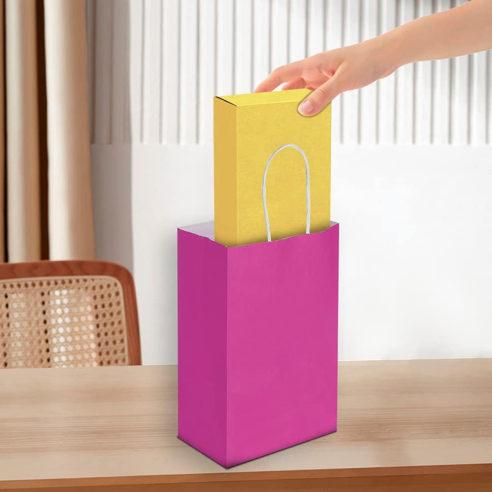 Oikss 100 Pack 5.25x3.25x8.25 Inch Small White Kraft Paper Bags with Handles Bulk for Birthday Wedding Party Favors Grocery Retail Shopping Business Goody Craft Gift Bags Cub Sacks (100pcs Count)