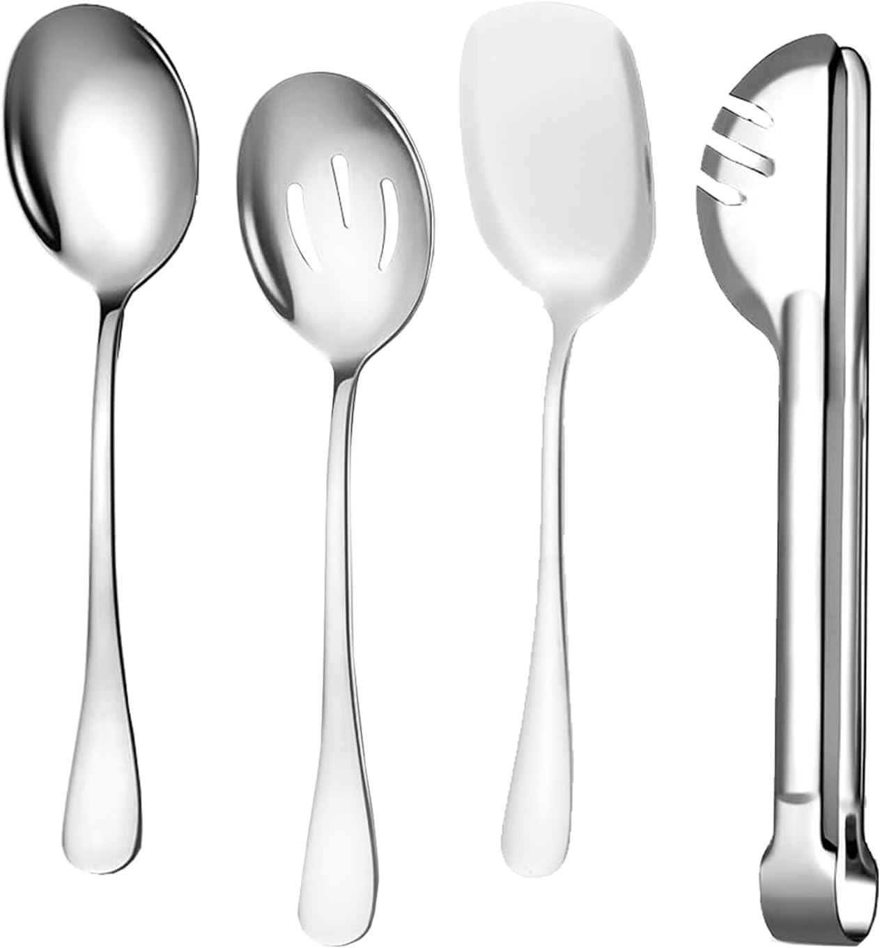 4 Pcs Large Serving Spoon Set, Silver Stainless Steel Kitchen Tongs Slotted Spoons Shovels for Buffet Parties Wedding Dinner