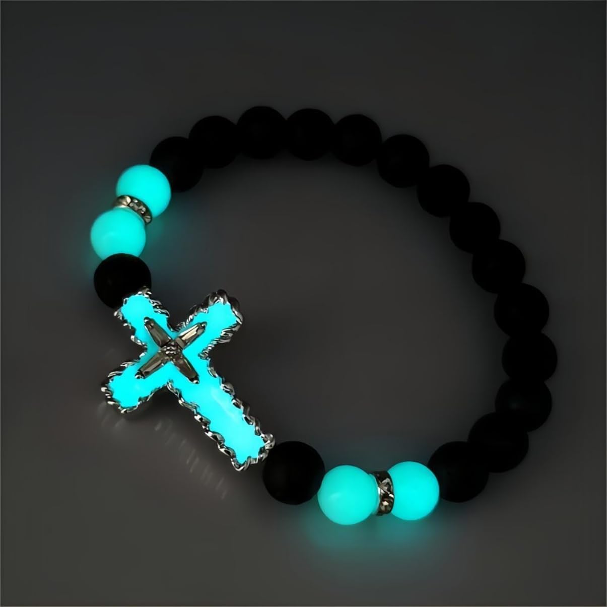 8mm Natural Volcanic Stone Bracelets for Men,Luminous Cross Bracelets,Healing Crystal Elastic Stretch Beads Bracelet,Religion Holy Communion Bracelet for Women